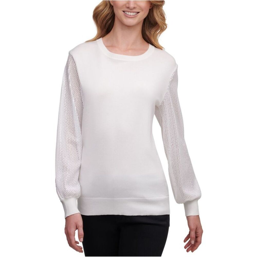 DKNY Womens Sequin Pullover Sweater, Off-White, XXS, DM